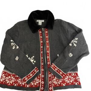 Vintage Winter Embroidered Faux Fur Collar Full Zip Gray/Red Sweater SZ Large
